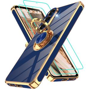 Gritup for Samsung S26 Case | 2Pcs Screen Protector | 360 Rotation Ring Holder Magnetic Kickstand, Plating Gold Edge Soft TPU Shockproof Protective Cover for Galaxy S26, Blue
