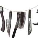 JOYIN 5 Pcs Hanging Halloween Bloody Knife Decorations Indoor, Fake Knife Plastic Fake Knives Weapon, Party Decor Haunted House Fake Blood, Machete Axe Cleaver Sickle for Scary Yard Porch