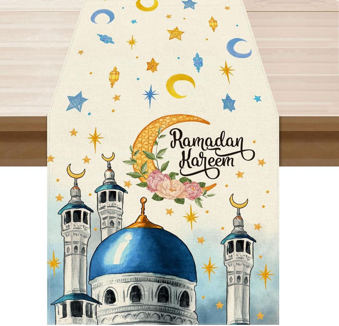 2 x XCHI Moons Stars Ramadan Kareem Table Runner Table Decoration for Party Home Kitchen Dining Holiday Decor 13x72 Inch