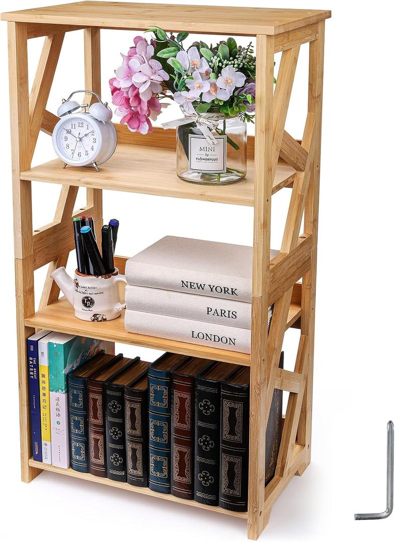 Hedume Bookcase, 3-Tier Open Shelf Bookcase, Small Bamboo Bookshelf, Bamboo Natural Shelving, Book Organizer Storage Open Shelf Rack, Display Shelves for Bedroom, Living Room, Office, Bathroom