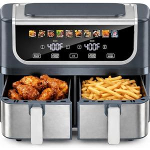 Simple Deluxe 9.5-Qt Dual Basket Air Fryer, 10-in-1 Digital Preset 1700W Airfryer, Sync Cook, Independent Temp Control, Shake Reminder, Nonstick Basket, Grey 