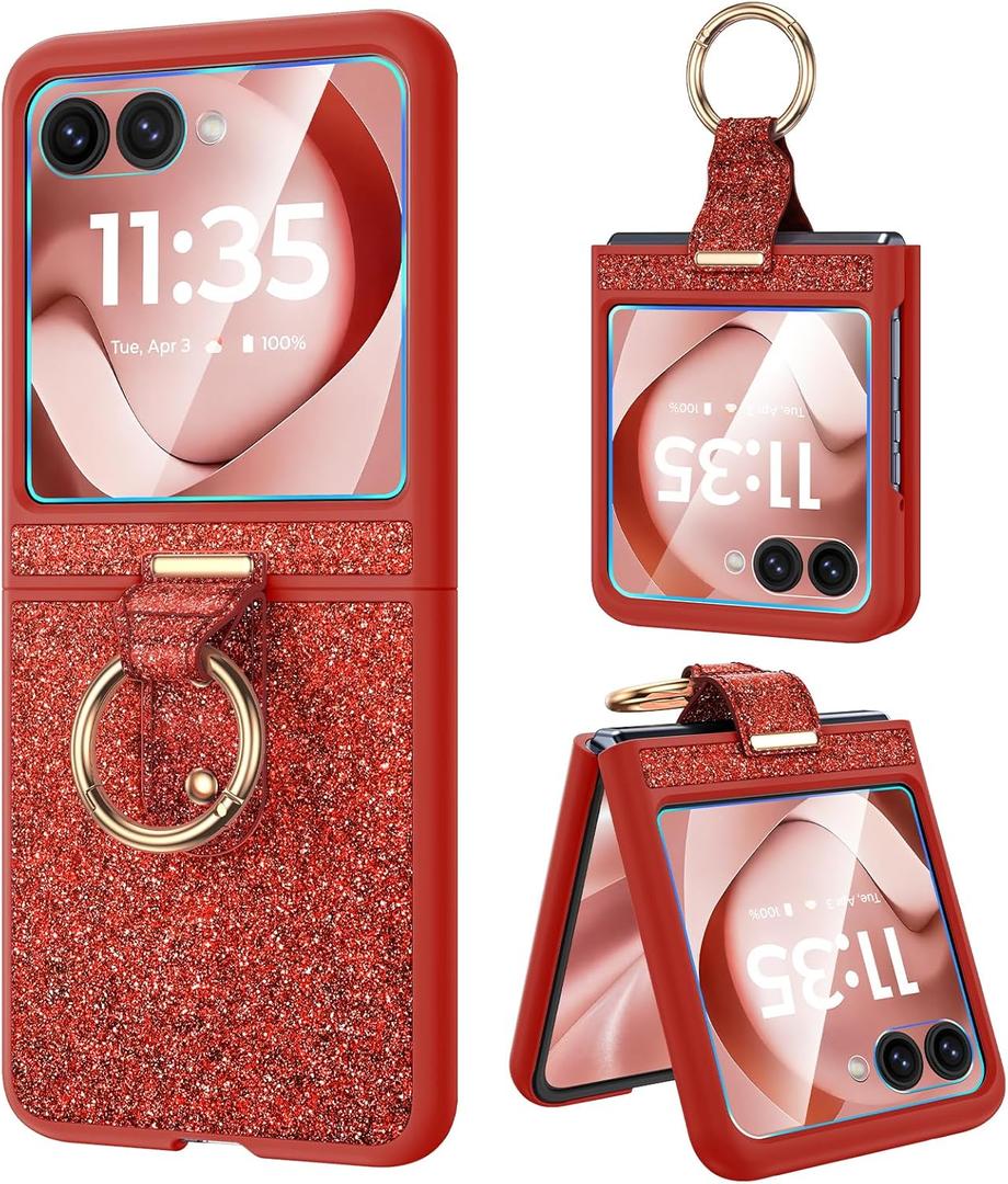 Caka Bling Case for Motorola Razr 2026/2025/2024 Case [NOT for Plus or Ultra], with Finger Ring Holder & Built-in Screen Protector, Slim Thin Sparkle Shiny Protective Phone Cover - Red