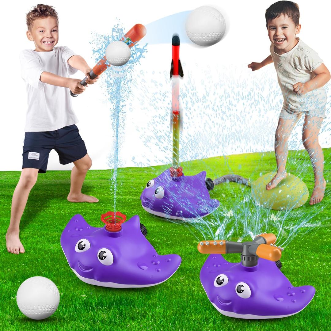 3 in 1 Water Baseball Summer Toys Sprinkler for Kids, Toddler Outdoor Toys Sprinklers for Yard with 2 Sprinkler Heads, 360 Roating Water Toys Attache to Garden Hose Backyard Pool Party Outdoor Games