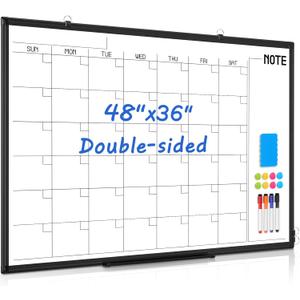 WALGLASS Dry Erase Calendar Whiteboard, 48" x 36" Monthly Large Dry Erase Calendar for Wall, Double-Sided Hanging White Board with Black Aluminum Frame for Home, School, Office, Kitchen