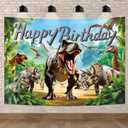 Newsely Dinosaur Birthday Backdrop 7Wx5H Photography Boy Dino Animals Cool Happy Birthday Park Theme Party Wildlife Background Green Tropical Jungle Decorations Banner Photo Booth Props Supplies