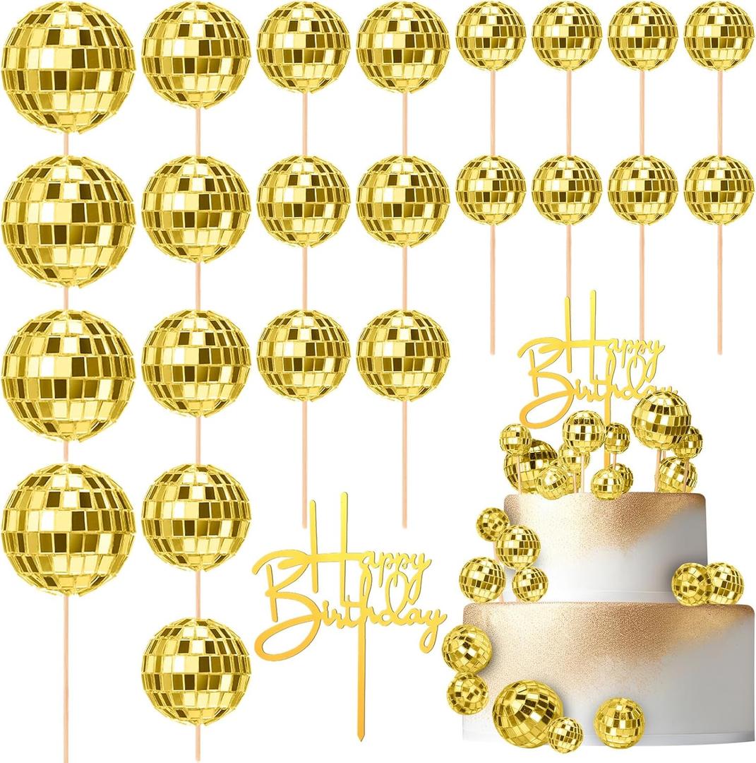 Teenyyou 24 Pcs Disco Ball Cupcake Toppers Happy Birthday Cake Topper 1970s Retro Cake Decorations Shiny Pink Mini Disco Ball Toppers for 70s 80s Theme Party Supplies(Gold)