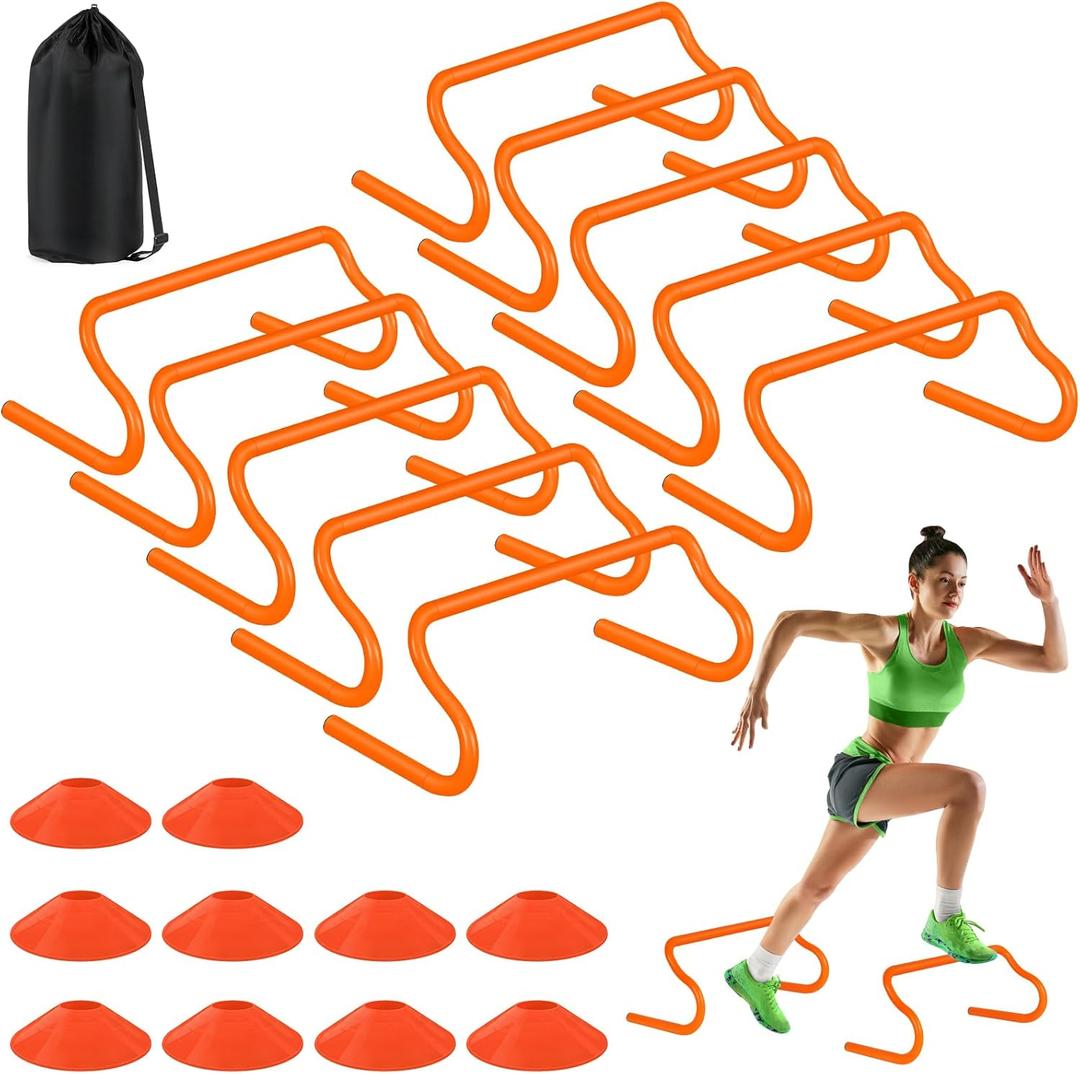Agility Hurdles Training Equipment - 10 Speed Hurdles and 10 Soccer Cones with Carrying Bag for Soccer, Football, and Track Drills, Ideal for Athletes Speed and Agility Training