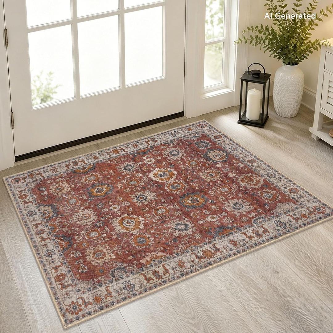 Lansny Vintage Small Area Rug 2x3, Washable Entryway Rug Print Faux Wool Floral Indoor Door Mat, Non Slip Kitchen Rugs, Soft Thin Throw Rugs Floor Carpet for Front Door Entry Bedroom Sink, Terracotta