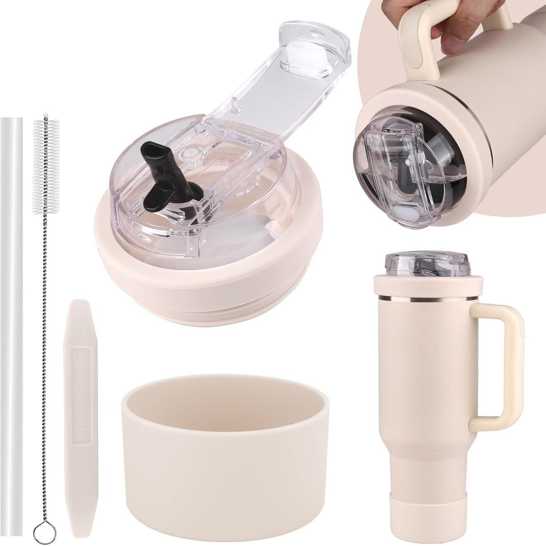 Cup Lid Replacement for 20/30 Oz Stanley Tumbler,Flip Straw Lid with Double Drinking Mouth, Cleaning Brush and Cup Boot Leakproof & Dustproof Cover for Stanley Cup Accessories (Cream, 30/20)