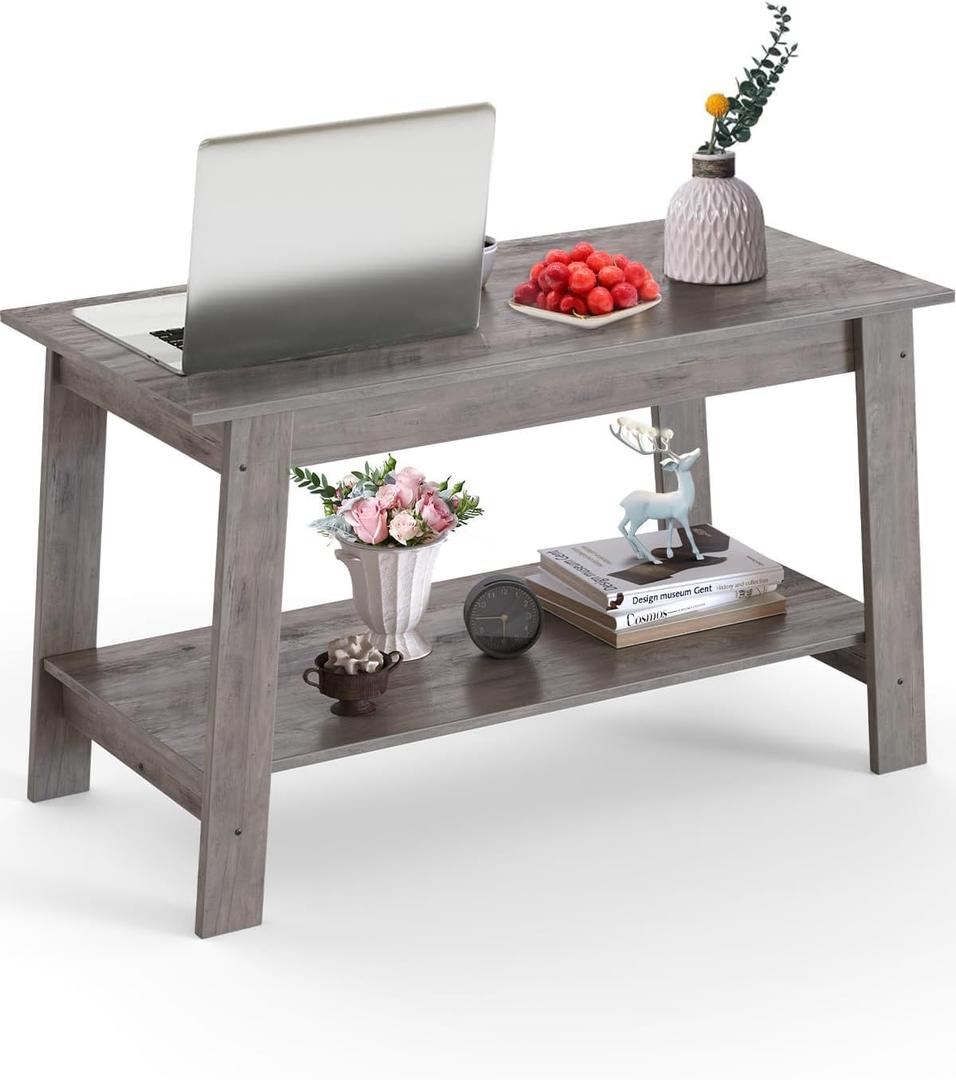 31.49" Industrial Coffee Table, Farmhouse Nightstand Set of 2-Tier Storage Side Tables with Rustic Wood Finish for Bedroom/Living Room, Narrow Space-Saving Design, Grey