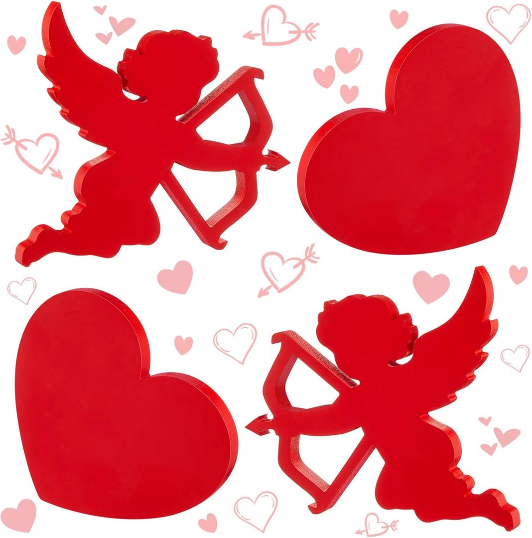 Yousoontic 4 Pcs Valentine's Day Heart and Cupid Table Decor Red Sign with Arrow Wood Decorations for Shelf Coffee Anniversary Table Home Wedding Gifts Supplies