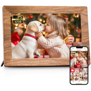 Frameo 10.1" Digital Picture Frame, Smart WiFi Digital Photo Frame with 1280x800 HD IPS Touch Screen 32GB Memory Auto-Rotate Wall Mounted, Share Photos/Videos from Phone Anywhere(Brown Wood)