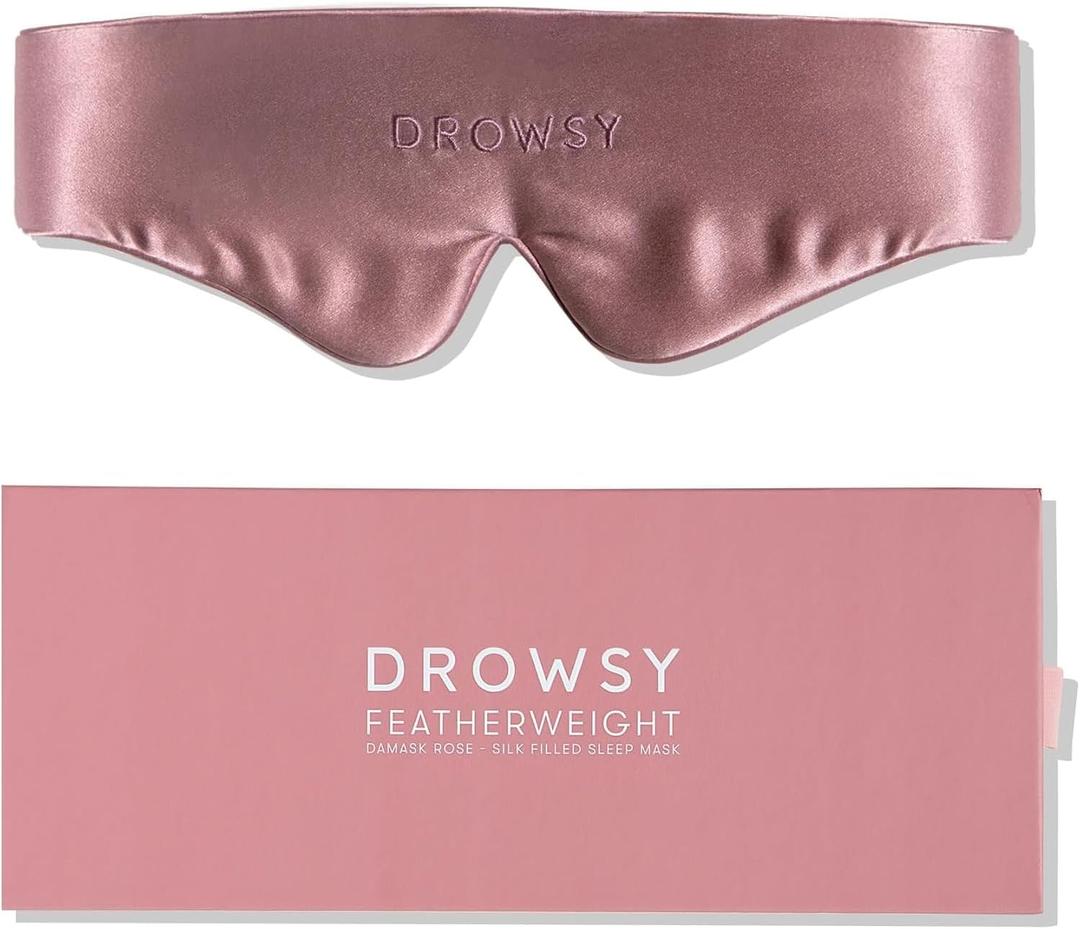 Drowsy Featherweight Silk Sleep Mask Luxury Blackout Eye Mask for Sleeping & Travel, 100% Mulberry Silk, Lightweight Comfort, Adjustable Strap, Protects Skin & Hair - Damask Rose