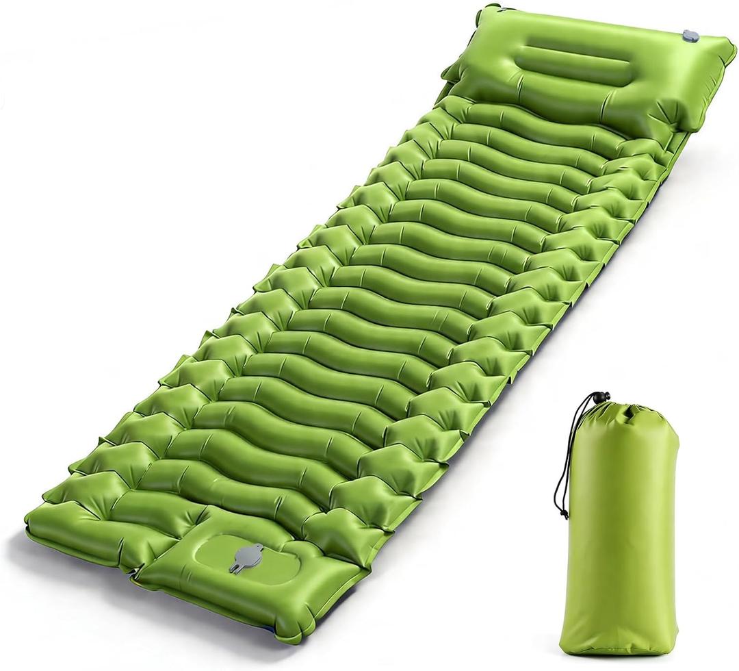 Camping Sleeping Pad, Ultralight Inflatable Sleeping Mat with Pillow & Foot Pump, Extra Thick Compact Camping Mattress for Hiking, Backpacking & Tent Use, Dual-Colored Design(Green/Blue)