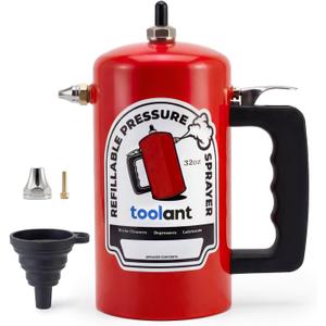 toolant 32oz Refillable Pressurized Sprayer, Steel Canister, Rust-Resistant Lining, Needle Valve Leak-Resistant, Dual Nozzles 1.0/0.6mm, Funnel Included, 200 PSI Max, for Brake Cleaner & Solvents, Red