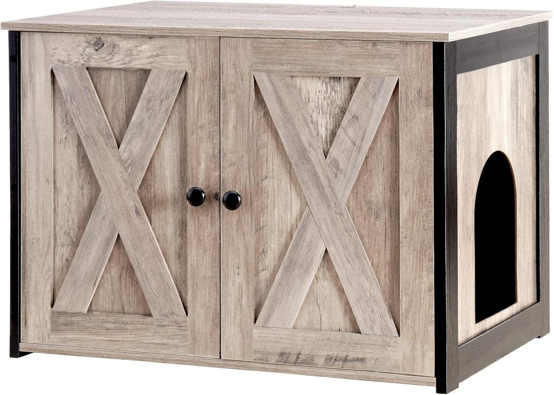 Dwanton Litter Box Enclosure, Cat Litter Box Furniture Hidden, Reversible Entrance Can Be on Left or Right Side, Wooden Cat Washroom Indoor, Greige, 27.6 Inches