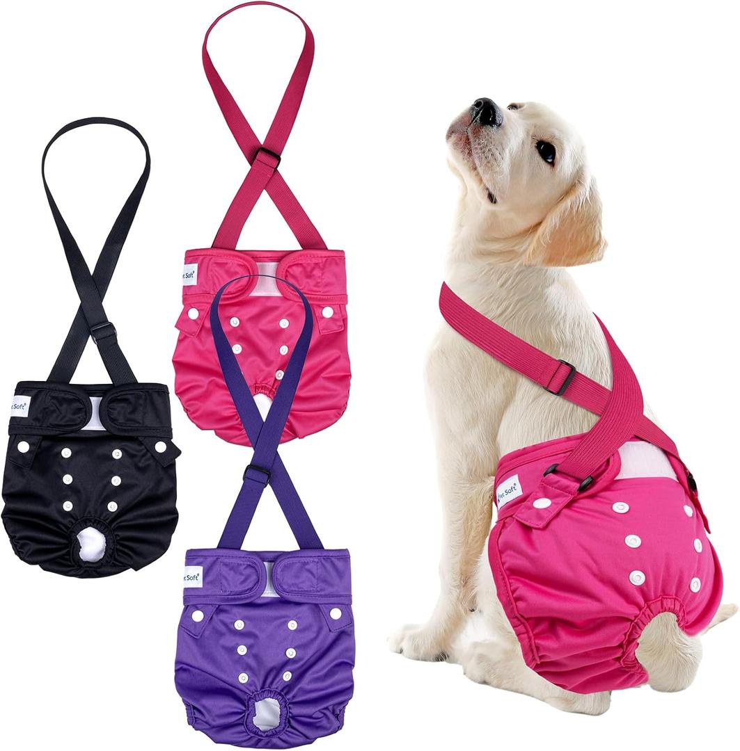 Pet Soft Dog Diapers Female with Suspenders, 3 Pack Reusable Female Dog Diapers for Heat, Dog Period Panties for Doggie in Cycle(Medium, Berry Mix) (Medium:14''-19'')