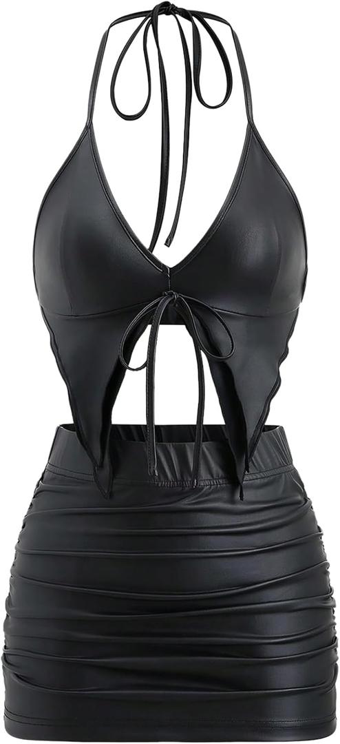 MakeMeChic Women's Y2K Skirt Set Leopard Print Tie Back Halter Crop Top and Ruched Mini Skirt Outfits Set, Small, Black A