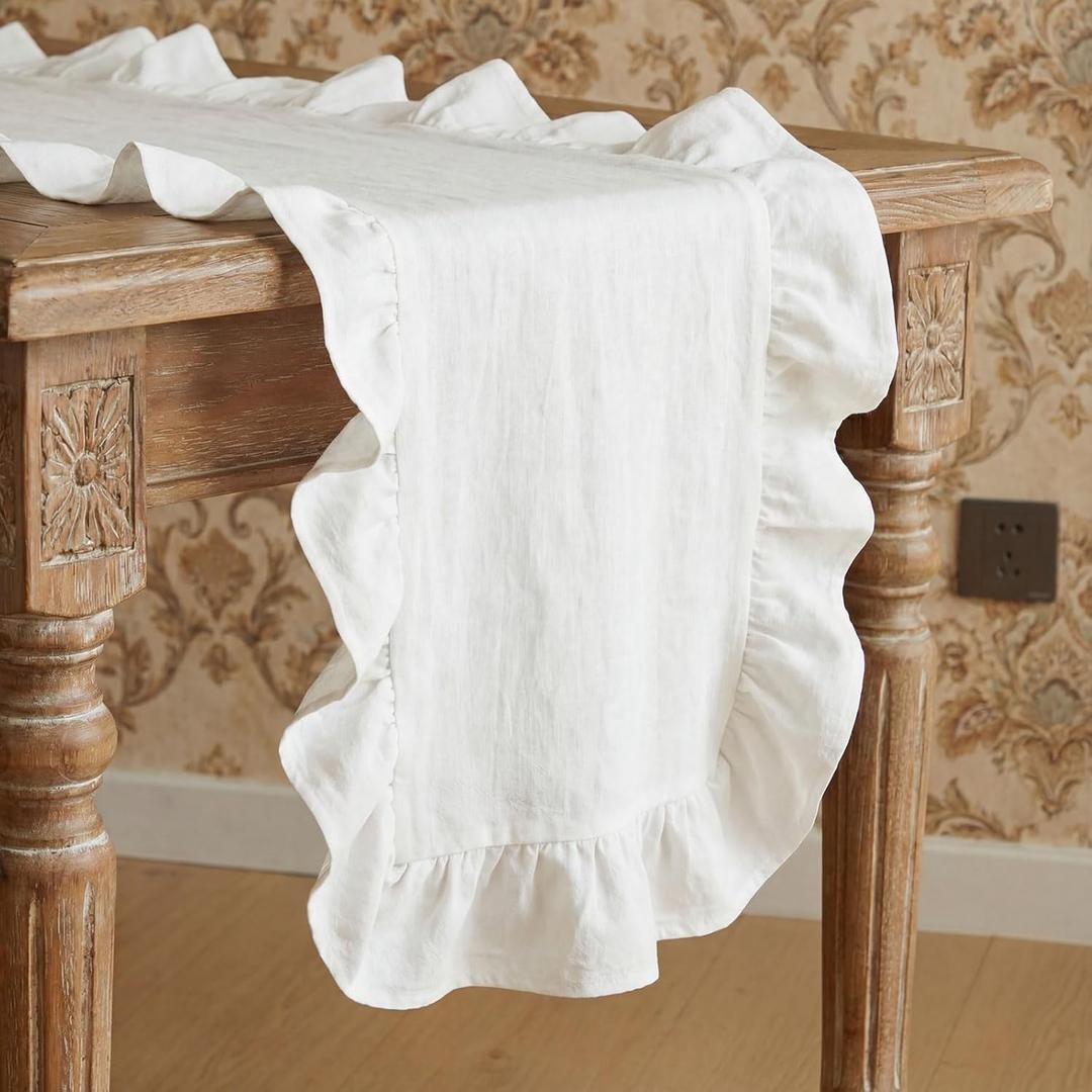 HunnmingRe White Ruffled Table Runner 14x72 inch Scalloped Table Runner Cotton Flounces Washable Shabby Farmhouse Rustic Home Kitchen Decoration for Wedding Rectangle Bride Shower Christmas Party