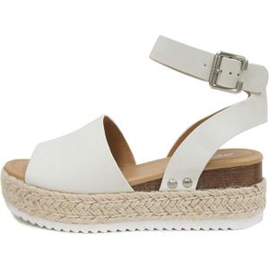 Soda Topic Open Toe Buckle Ankle Strap Espadrilles Flatform Wedge Casual Sandal (Beige)