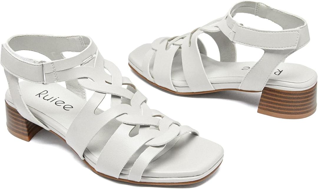 Women's Heels Chunky Heeled Sandals for Women, Summer Block Low Heels Ankle Strappy Square Open Toe Dressy Wedding Womens Sandals. (7.5, Beige 090)