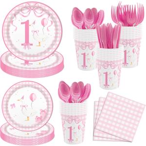 MEHOFOND 168pcs One Silly Goose Birthday Party Tableware Set for Girls, Silly Goose 1st Birthday Decorations Pink Gingham Plates and Napkins Sets for 24 Guests