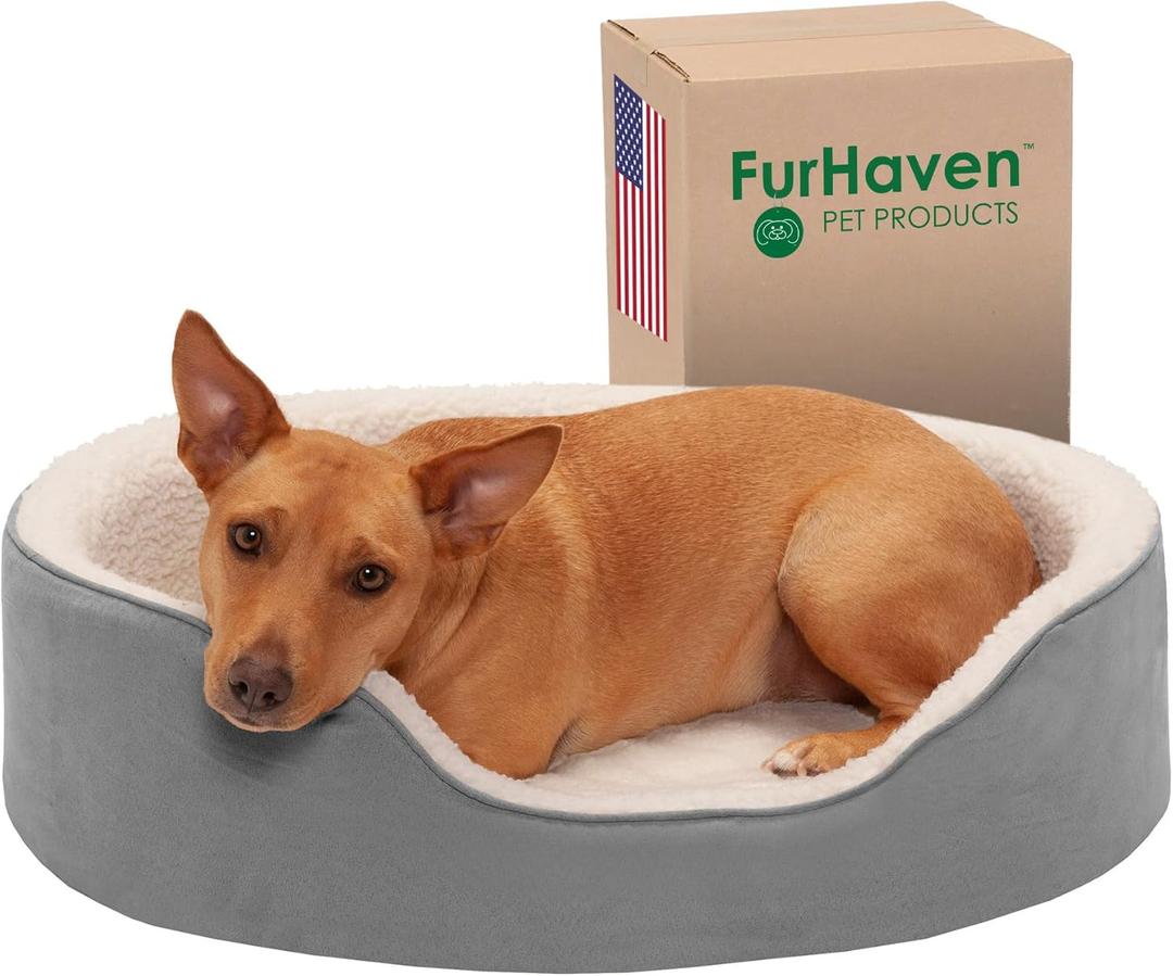 Furhaven Orthopedic Dog Bed for Large/Medium Dogs w/ Removable Washable Cover, For Dogs Up to 30 lbs - Sherpa & Suede Oval Lounger - Gray, Large