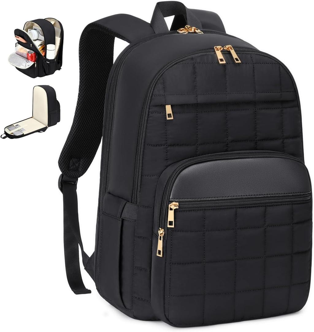 2 x CAMTOP Work Backpack for Women with Insulated Pocket,Laptop Backpack Puffer Quilted College Bookbag Fits 15.6 Inch Computer, Casual Daypack Backpacks for Travel Bussiness Teacher Nurse, Black