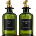 Olive Oil Dispenser Set, 2 x 11.8oz Deep Green Glass Bottles with Auto-Flip Spouts & 2 Capped Spare Spouts, Bamboo Tray, Oil & Vinegar Cruet (Green)