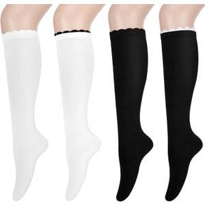 Womens Knee High Socks Halloween Christmas Long Thigh High Over the Knee Sock for Ladies Girls Festival Party Gifts (A-black/White)