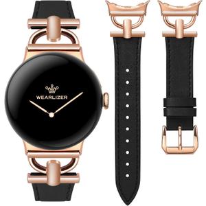 Wearlizer Leather Bands Compatible with Google Pixel Watch 4/3 41mm/Pixel Watch 2/1 Band Women, Dressy Designer Slim Leather Strap with D-Shape Metal Buckle for Pixel Smartwatch Accessories (Black/Rose Gold)