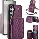 Phone Case for Samsung Galaxy S25 5G Wallet Cell Cover with Tempered Glass Screen Protector Wrist Crossbody Strap RFID Blocking Credit Card Holder Slot S 25 25S 25 25S SM-S931U Women Girls Dark Purple