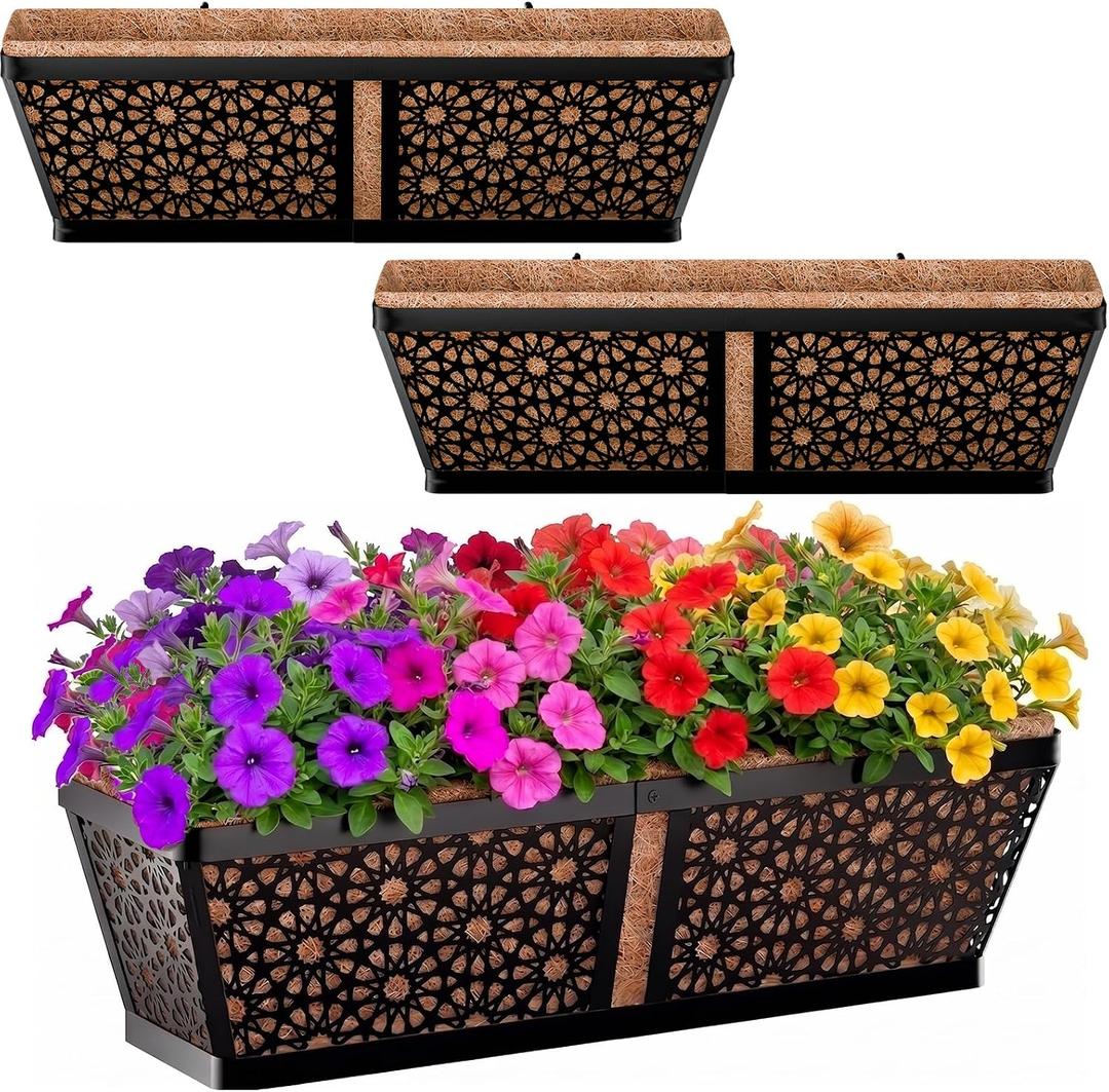 ZeeDix 3 Pack Metal Window Box for Railings, 24 Inch Over Railing Planter Boxes with Coco Liners, Hanging Flower Box Planters for Outdoor Fence Deck Porch Balcony & Patio