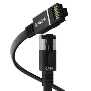 Smolink Ethernet Cable 50 ft, Cat 8 Ethernet Cable with 40Gbps 2000Mhz High Speed Ethernet Cable, Shielded Heavy Duty SFTP RJ45 LAN Cable Patch Cord for Modem Router Gaming PC PS4/5/6 Xbox, Black (Flat Cat8 50ft)