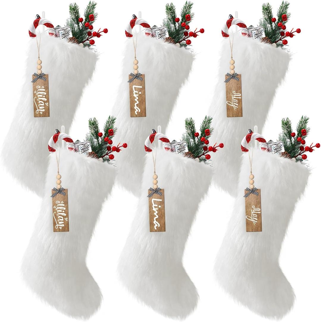 Floraltop 6Pcs Personalized Christmas Stockings with Name Tags 18 Inch Large Xmas Faux Fur Stockings Plush Fur Hanging Ornament 2025 Christmas Stockings for Christmas Home Decor(White)