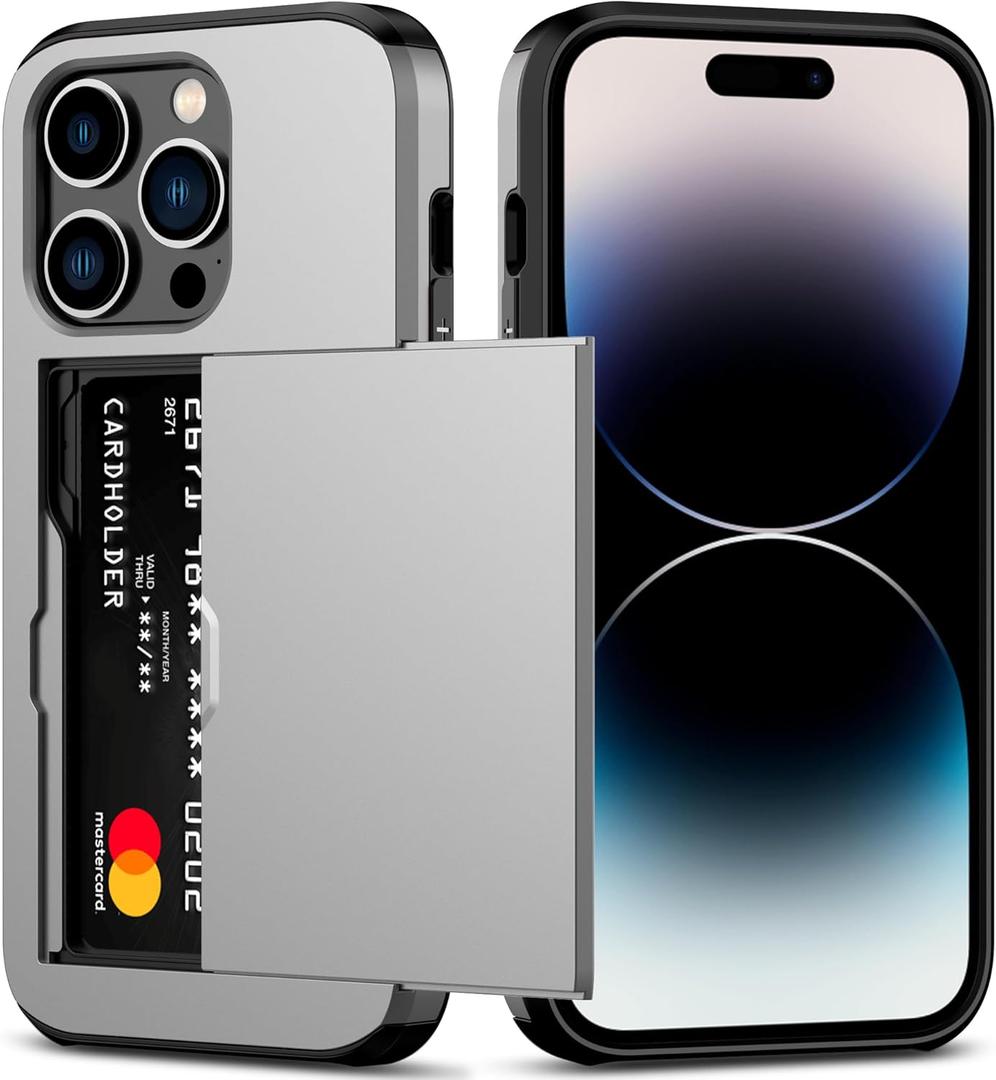Nvollnoe for iPhone 14 Pro Case with Card Holder Heavy Duty Protective Dual Layer Shockproof Hidden Card Slot Slim Wallet Case for iPhone 14 Pro for Women&Men(Silver)