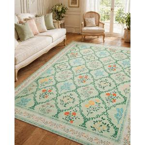 YIHOUSE Washable 8x10 Area Rugs for Living Room, Green Floral Rug for Bedroom Non Slip Ultra-Thin, Large Carpet for Kids Playroom, Classroom, Girls Dorm, Nursery, Green Multi