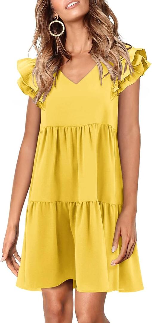 Zwurew Summer Babydoll Dresses for Women 2026 Cute Ruffle Cap Sleeve V-Neck Flowy Swing Mini Dress Sundress (Yellow, Medium)