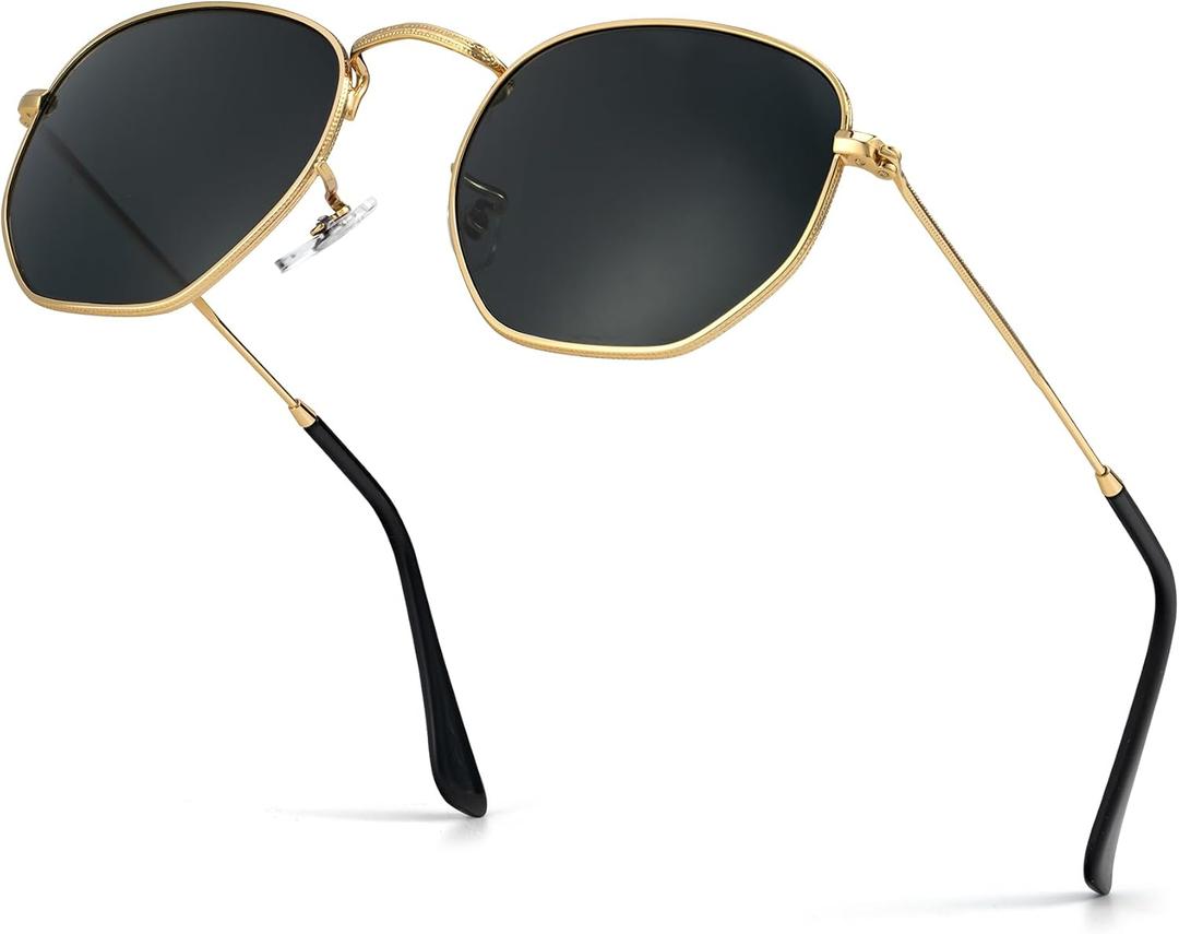 KALIYADI Sunglasses for Women and Men, Polarized Square UV Protection, Trendy Metal Frame Hexagon Sunglasses (Ab3 Gold/Grey (Glass Len|non Polarized|hexagonal))