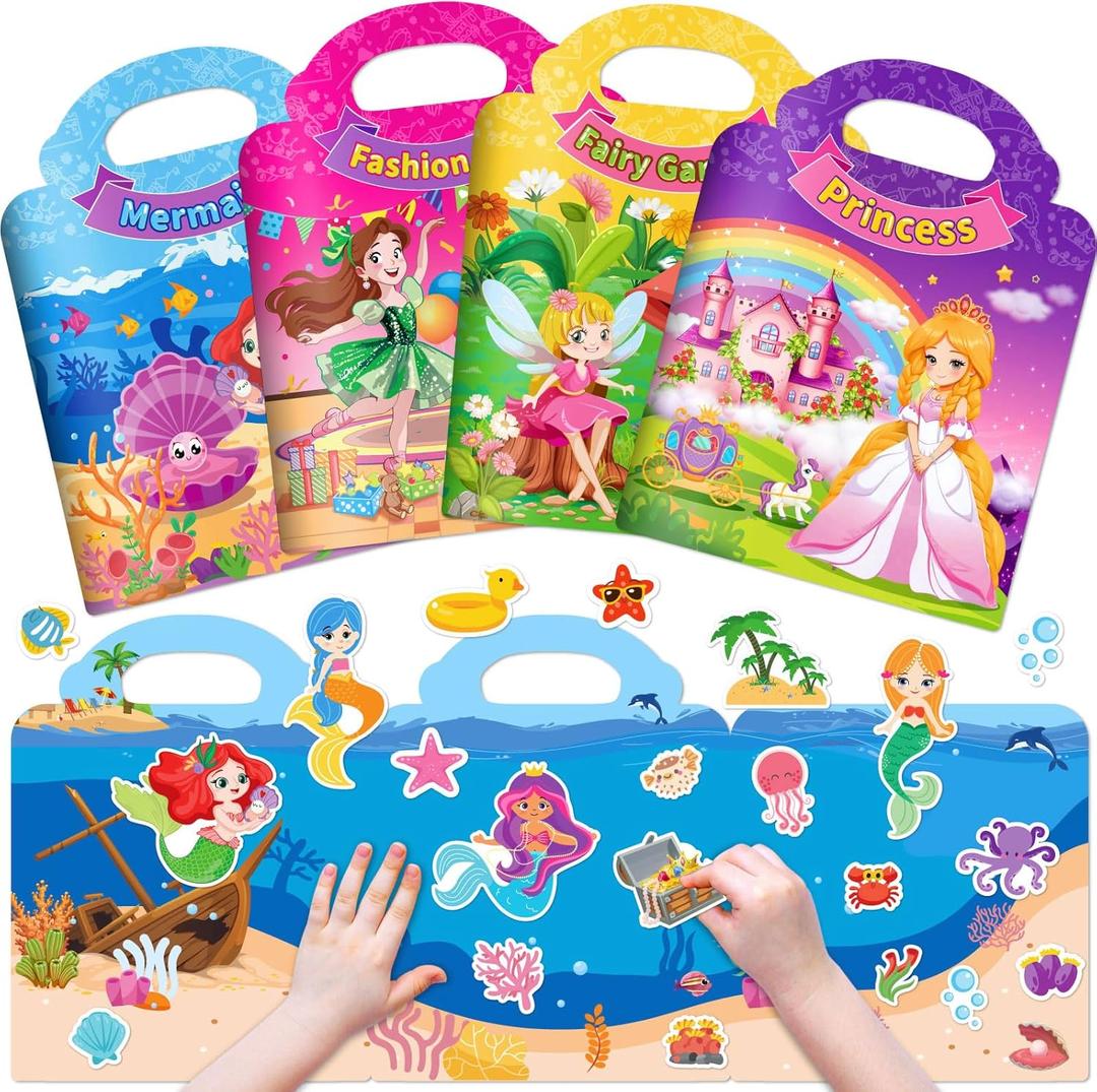 4 Sets Reusable Sticker Books for Toddler, Dress Up Stickers Book for Girls, Arts Crafts Jelly Stickers Travel Toys, Birthday and Christmas Gifts for Kids 3 4 5 6, Princess, Mermaid, Fairy Tale