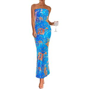PRETTYGARDEN Womens Summer Printed Tube Maxi Dress Strapless Bodycon Sleeveless Night Out Long Dresses (Medium, Floral Light Blue)
