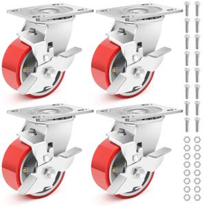 Nefish 4 Inch Industrial Grade Casters Wheels, Heavy Duty Aluminum Core PU Castor Set of 4, Durable Plate Swivel Casters with Brake 3200 LBS, Anti-Corrosion Wheels for Industrial, Machine