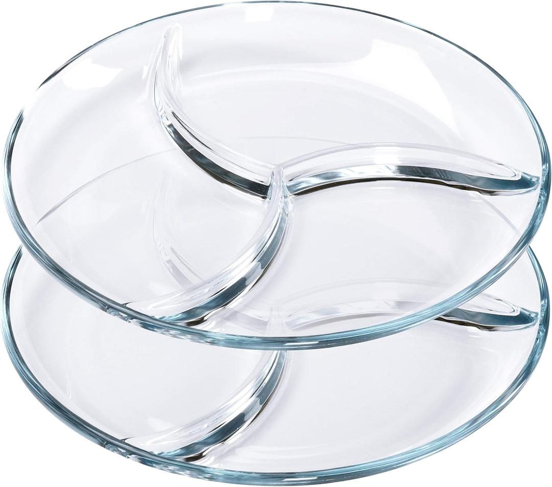 FOYO Round Tempered Glass Serving Platters/Trays - 3 Sectional -10'' Diameter, Set of 2