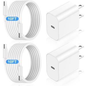 iPhone 15 Charger 10 Ft with 20w USB C Charger Block,2-Pack 20W Fast Wall Charger for 15/15 Pro/Pro Max/iPad Pro AirPods/Samsung and More, with 2 Pack 10ft USB-C Cable, White