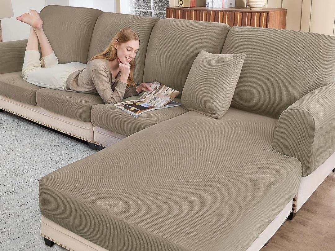 Sectional Couch Covers for Sofa Cushion L Shaped Couch Cover Washable Soft Couch Cushion Covers Stretch Sofa Slipcovers with 2 Pcs Pillowcases(4-Piece 3 Seater + 1 Chaise, Khaki)