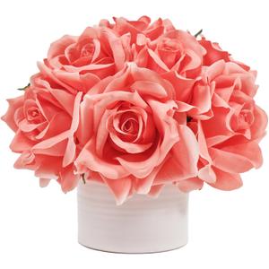 Artificial Rose Bouquet in Ceramic Vase, Silk Flower Arrangement in Pot, Real Touch Fake Flowers with White Vase for Wedding Home Centerpiece Coffee Table Bathroom Anniversary Decor & Gift (Coral)