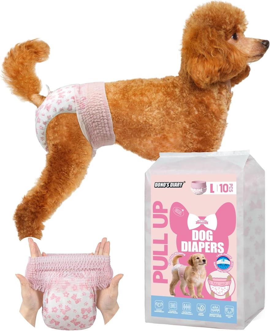Dono Disposable Pull It Up Female Dog Diapers, 360 Stretchy Waist Puppy Diapers, Super-Absorbent Doggie Diapers with Rapid-Dry Technology Leak-Proof Design for Doggy in Heat Period, L 10 Pcs