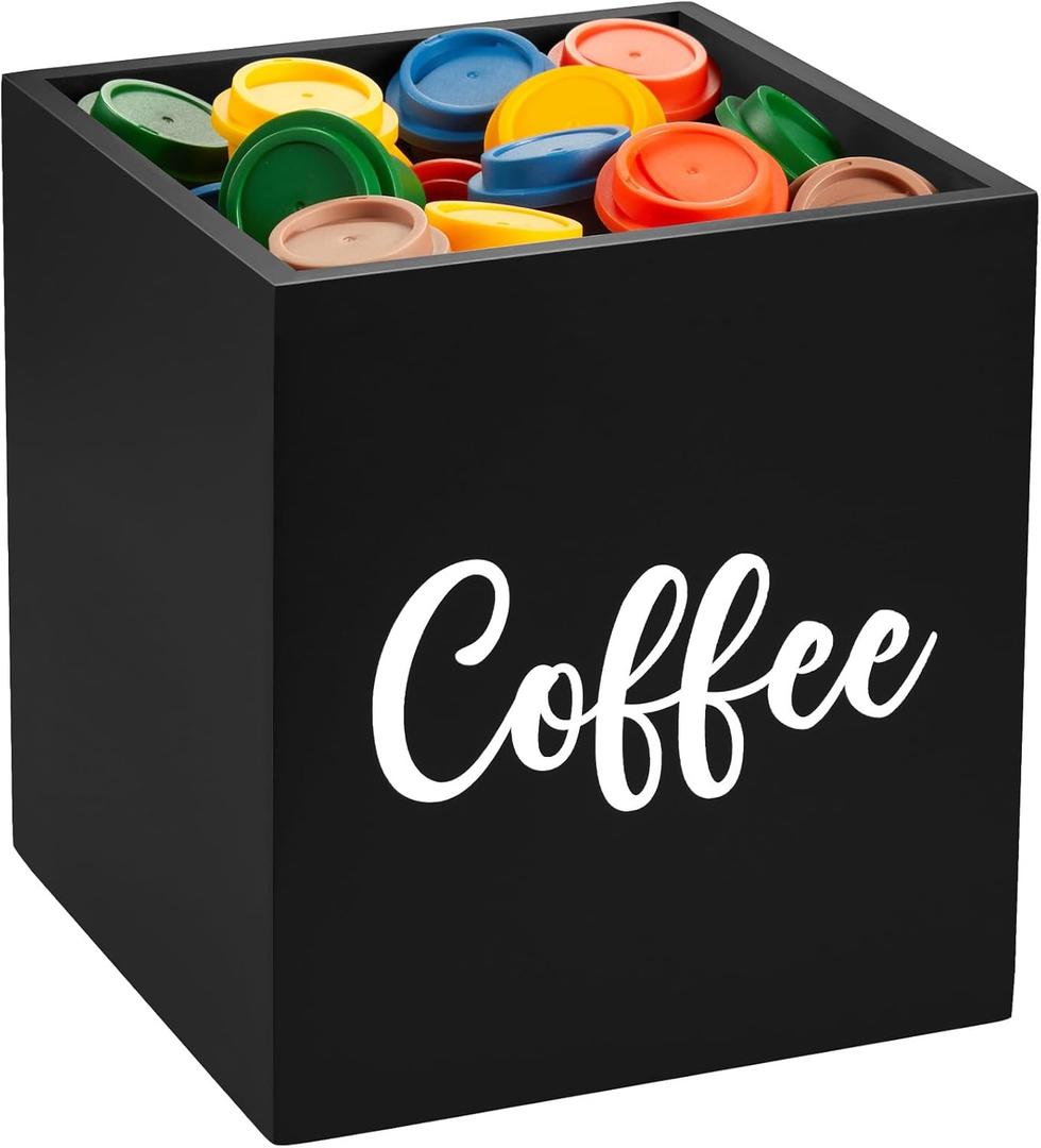 Black Coffee Pod Holders for Counter - Wooden K Cup Holders for Countertop - Coffee Bar Accessories and Organizer - Square Storage Basket for Kitchen Countertop