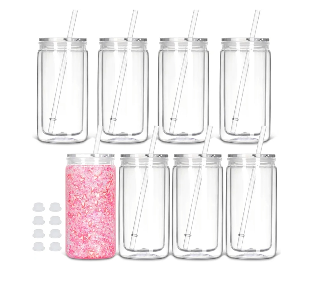 8 Pack plastic Snow Globe Tumbler, 16 Oz Double Wall Plastic Can with Lid and Straw, Plastic Mason Jar Mug for Snow Globe Glitter DIY Gift (Clear