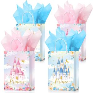 Sherr 30 Pcs Princess Prince Party Favor Bags with Handles Tissue Paper, Blue and Pink Castle Candy Goody Treat Bag Party Supplies for Girls Boys Gender Reveal Baby Shower Birthday Gift